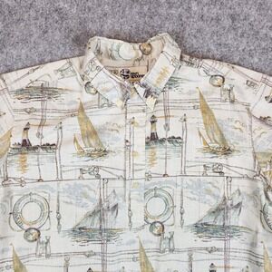 Reyn Spooner Shirt Men XL Beige Nautical Sailboat Lighthouse Hawaiian Aloha